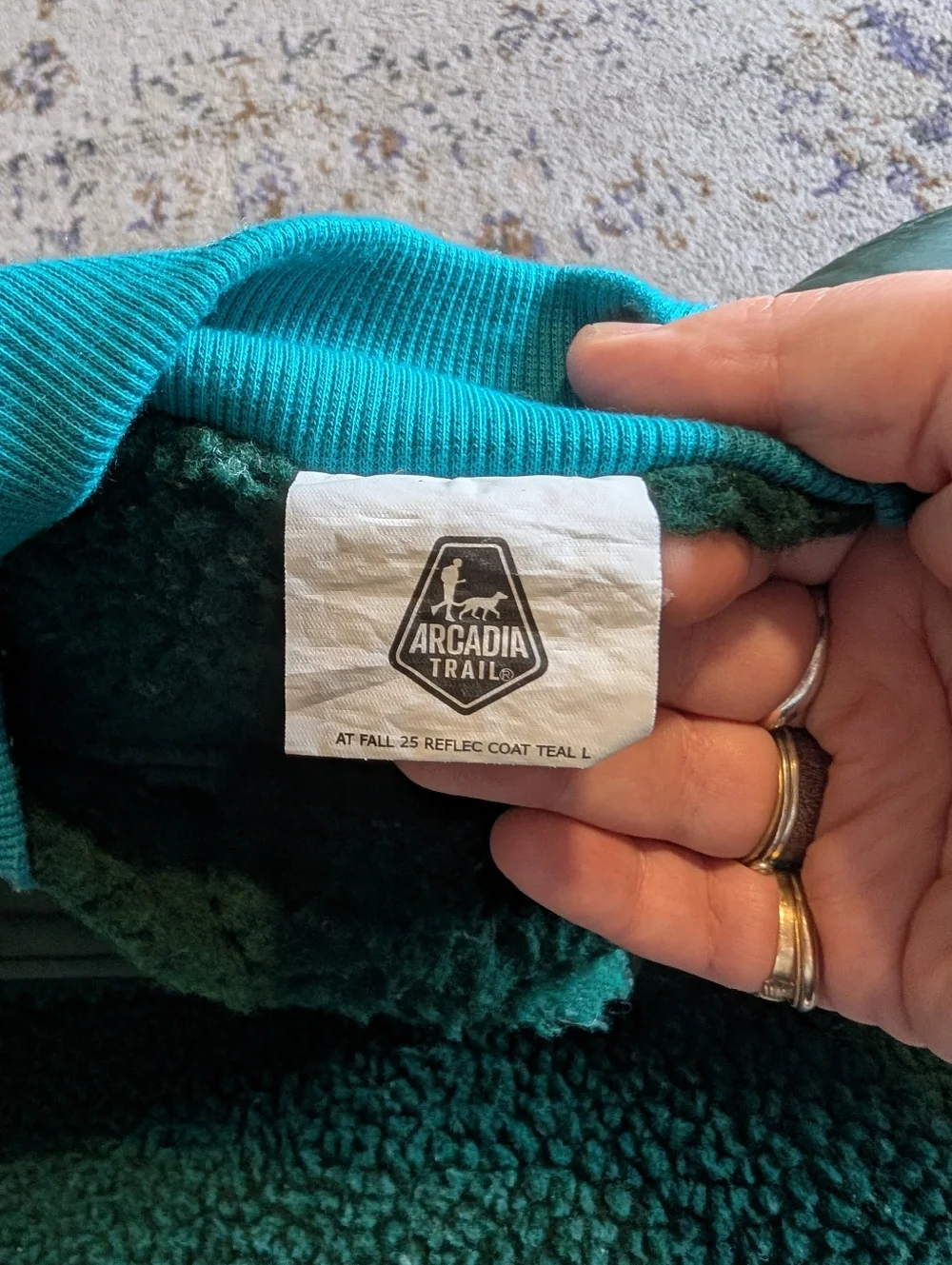 Arcadia Trail Reflective Dog Coat In Green And Blue Sherpa‎ Style Lining Size L